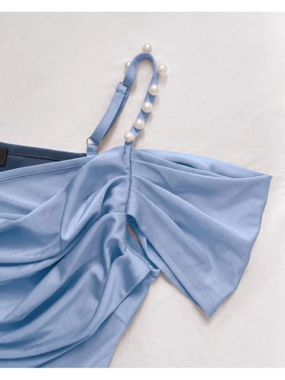 👗Women's Misty Blue Off Shoulder Design Cocktail Pearl Strap Bodycon Midi Dress